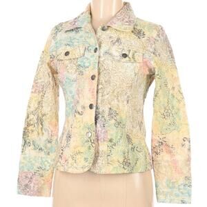 Analogy Petites Jean Style Jacket Womens PM Textured Yellow Gray Coral Floral‎